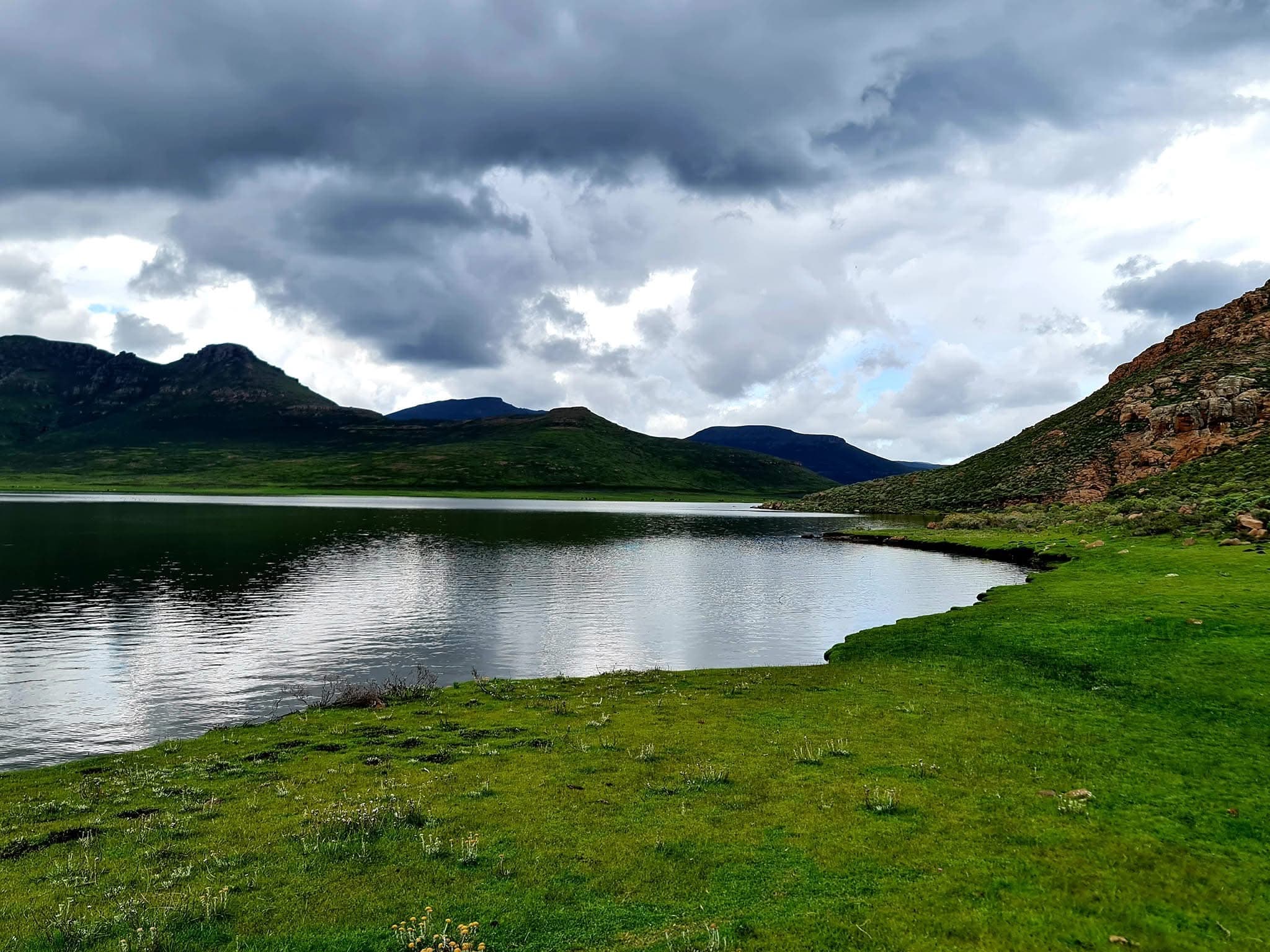 Wide view of Lake Letsie on the Lesotho highland plateau