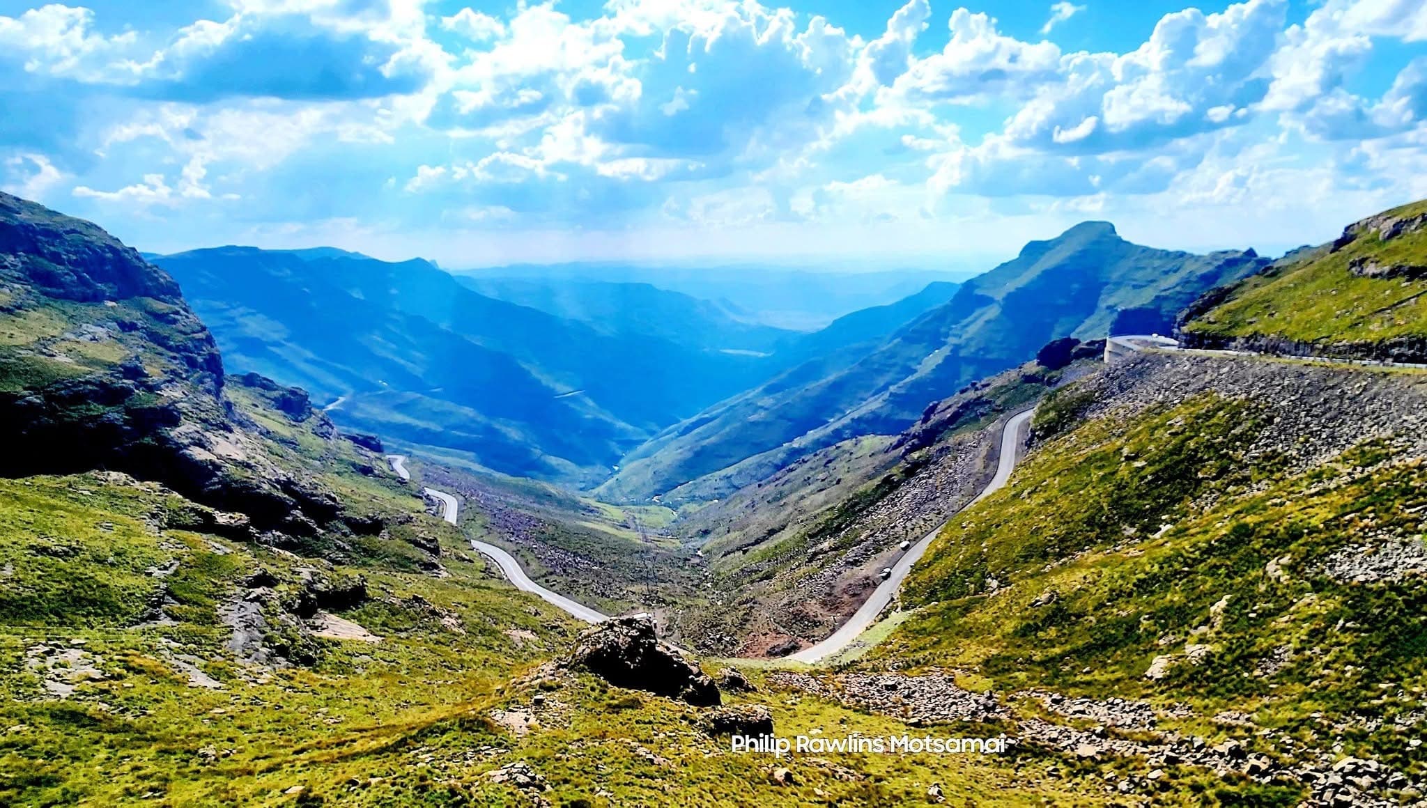 Switchback road climbing Mafika Lisiu Pass through the Lesotho highlands