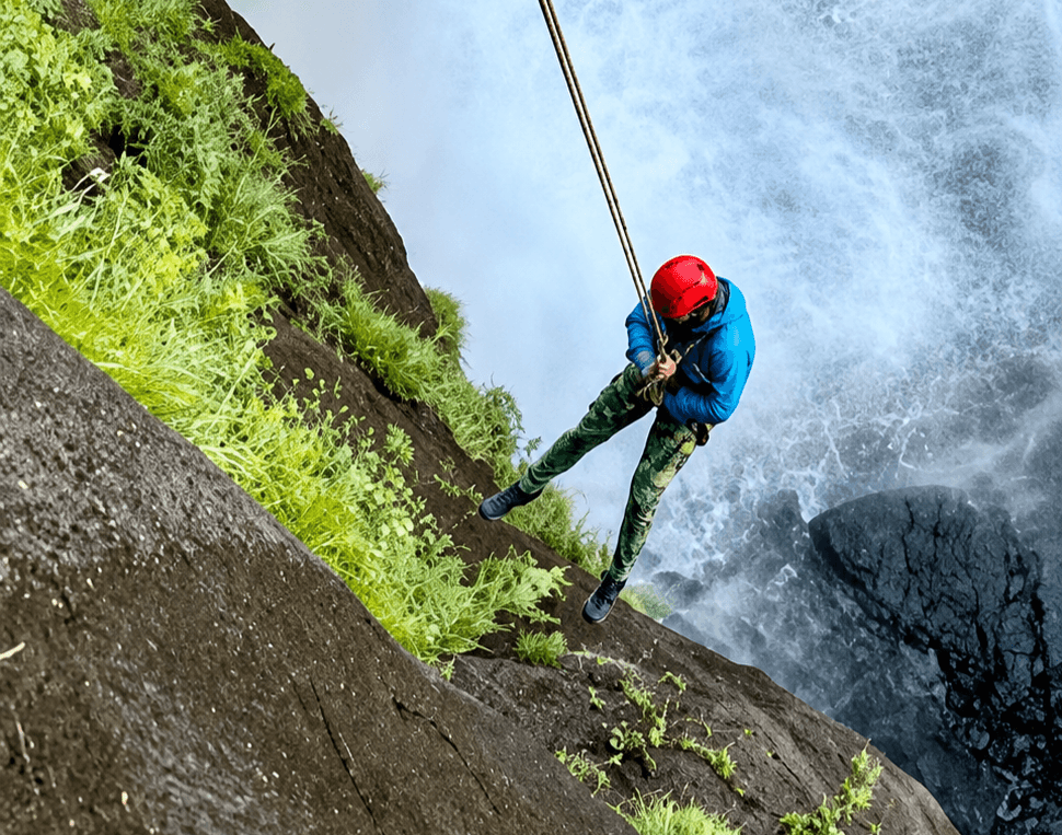 Abseiler descending the Maletsunyane Falls gorge face